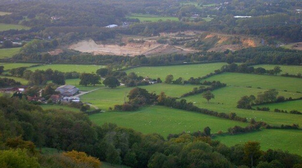 Rock Common Quarry Viewed from Chanctonbury Ring to give an idea of the scale of the quarry. The farm to the left is Locks Farm.
