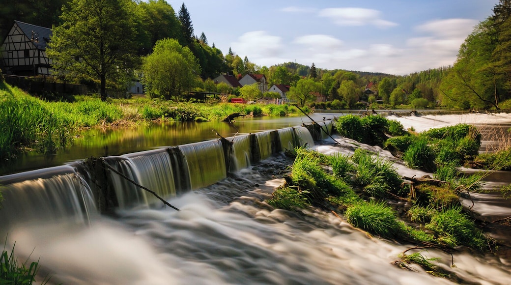 One of the most important rivers in the German federal state Thuringia is the Saale river, sourced in Northern Bavaria and flowing into the Elb river near Magdeburg. For the Thuringian Highlands in the early 19th century it was the root of many floods, but also sometimes ran dry in summer. This resulted in the build of the Bleiloch dam near Saalburg, damming up the largest water volume in Germany. In the 1950's (GDR) another Saale dam in Thuringia was build (Hohenwarte) for producing hydro-electric energy for the steel industry (Maxhütte) in Saalfeld/Unterwellenborn. So the Saale gets dammed up two times and in between of those two dams, the nice little town of Ziegenrück is placed and starting point for motor-boating or water sports activity.