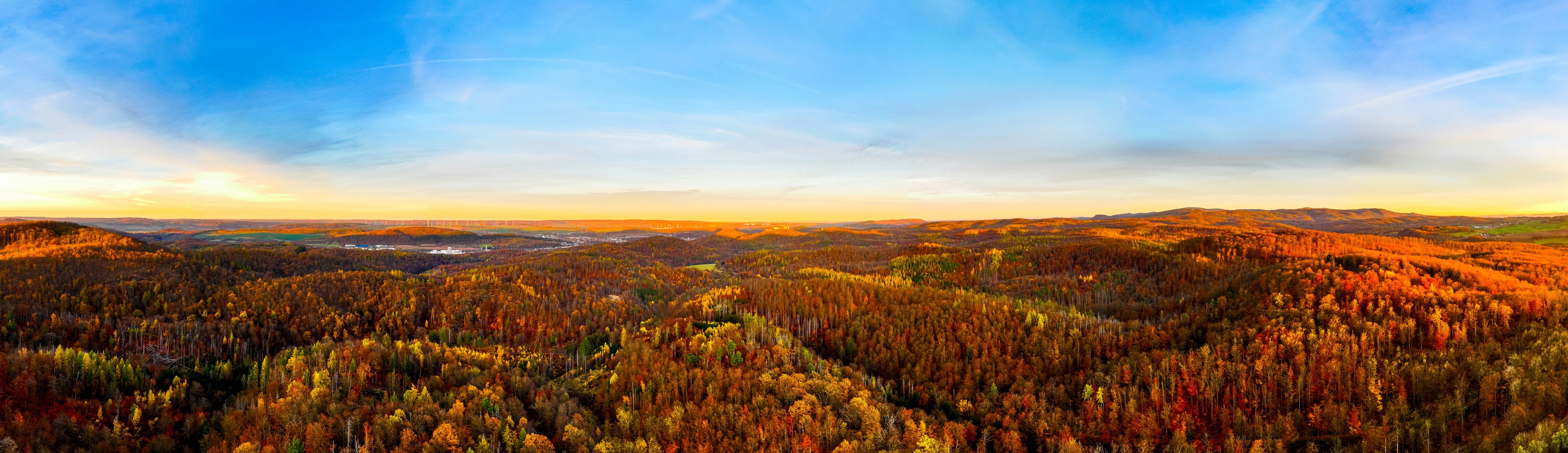A panoramic view of a forested valley with a distant bridge and a clear sky.