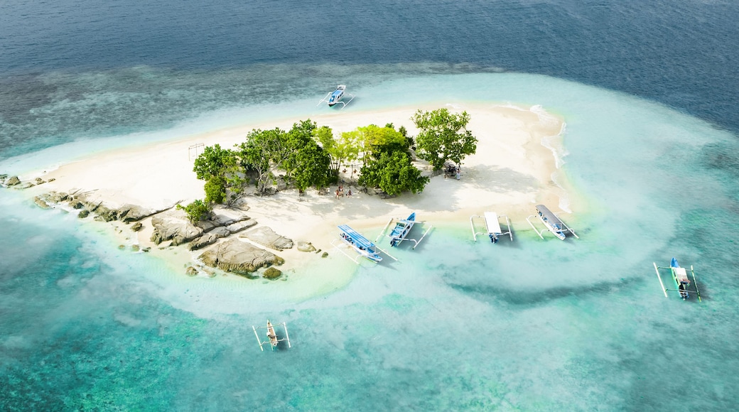 An aerial view of a tropical island with clear turquoise waters, a sandy beach, lush green trees, and several boats anchored near the shore.