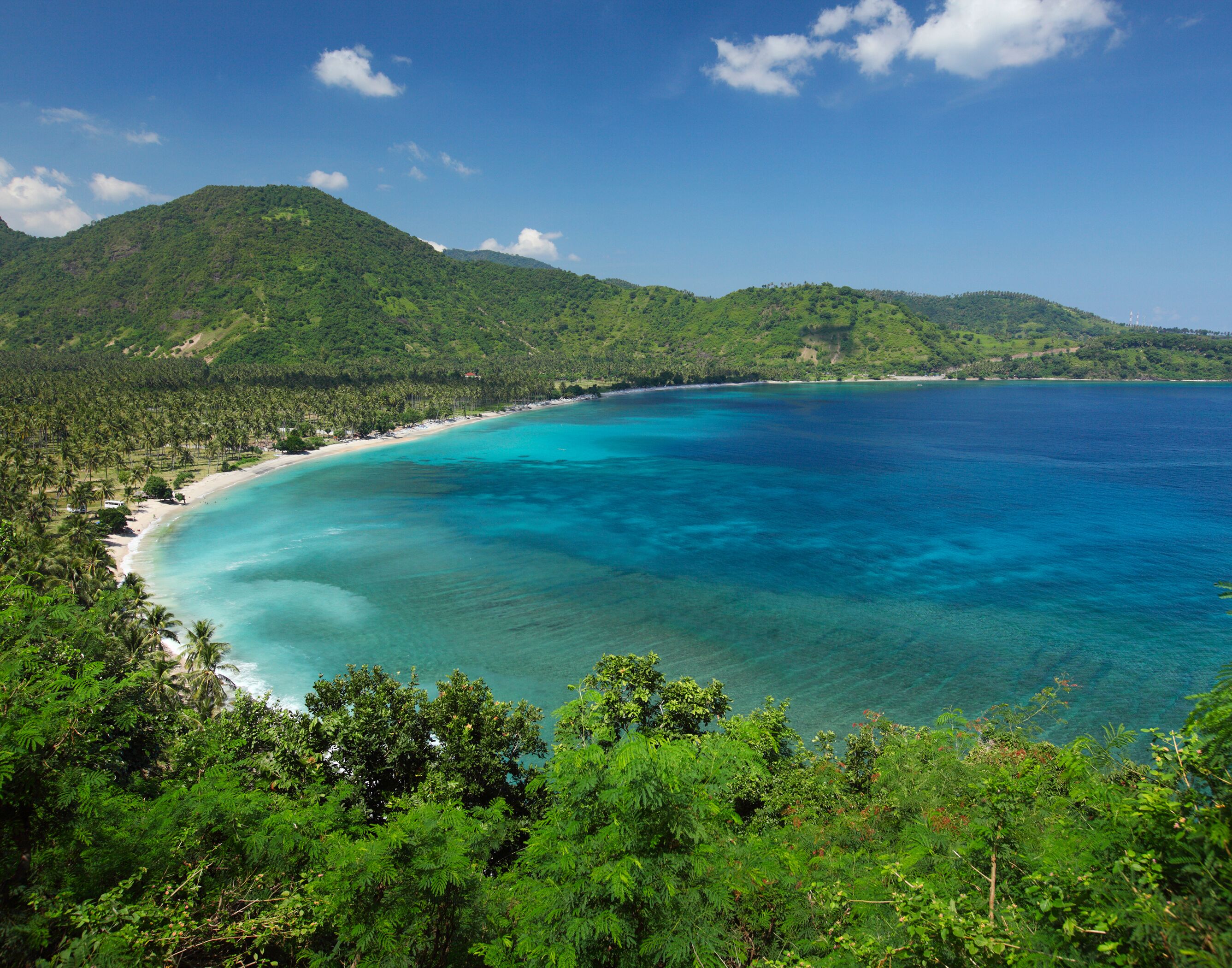 A tropical beach with clear turquoise waters, surrounded by lush green hills and dense palm trees.