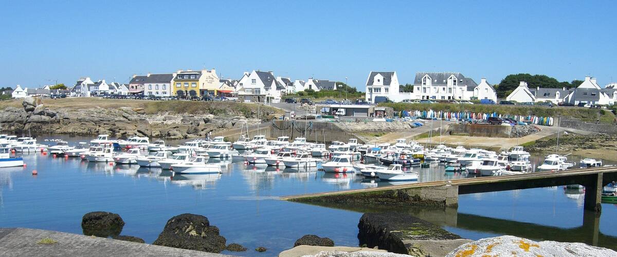 A marina with numerous boats docked, rocky shore, and houses in the background.