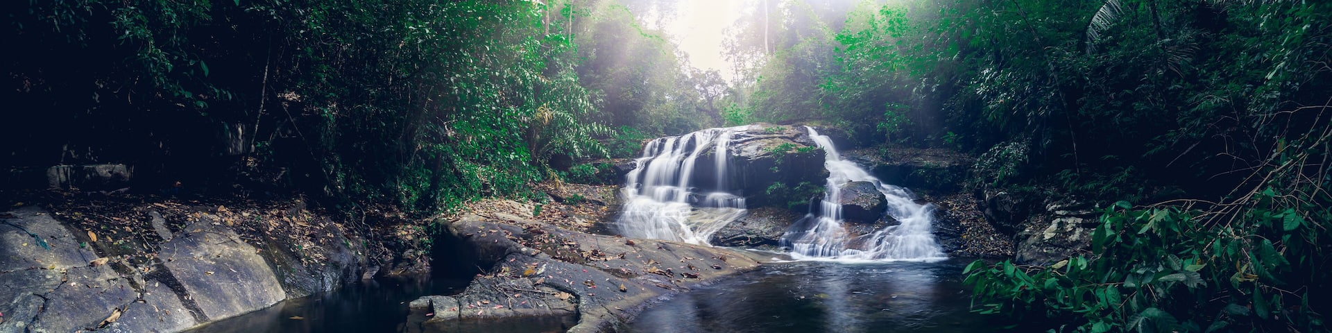 Una cascada en un área boscosa con agua cristalina que fluye sobre rocas.