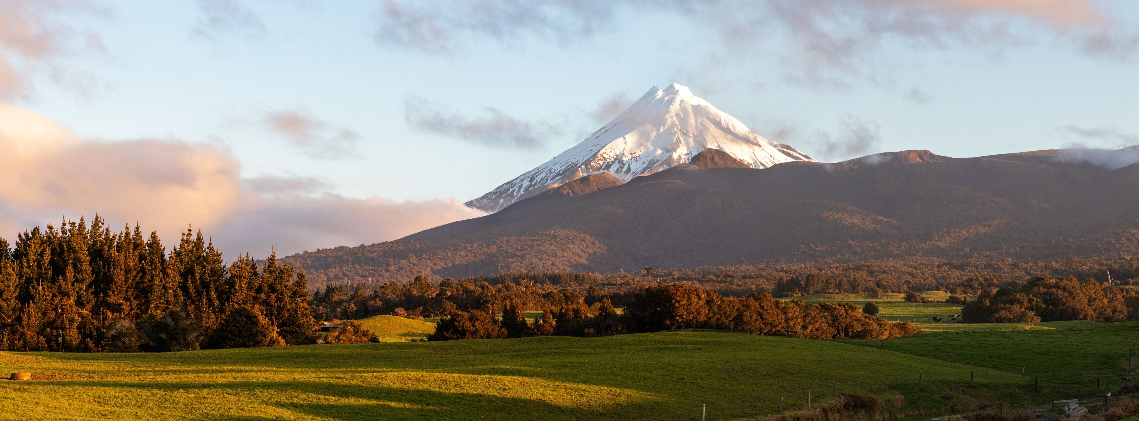 Una montagna innevata, una valle boscosa e un prato erboso.