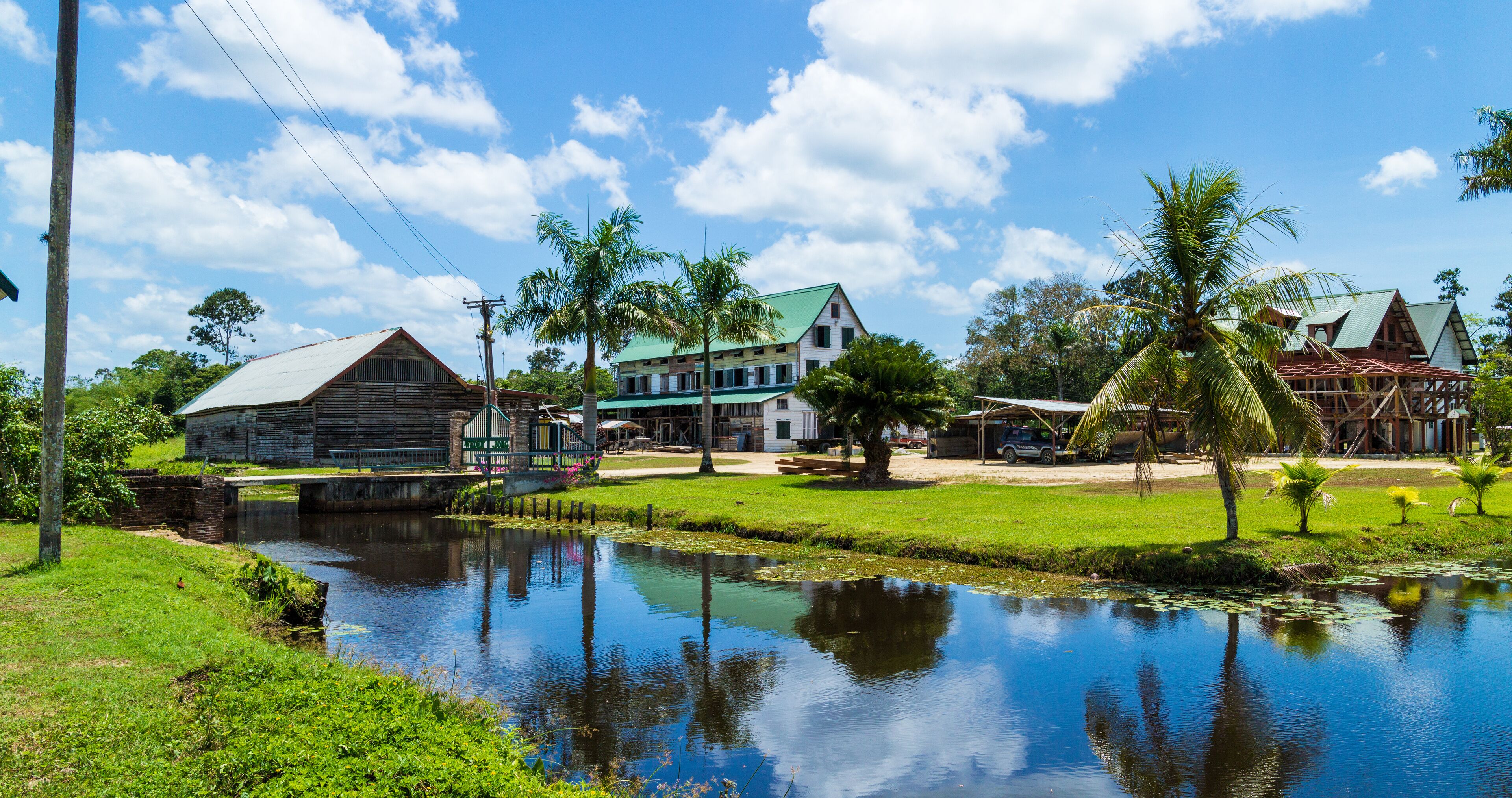 A calm river reflecting buildings and palm trees.