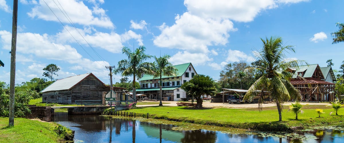 A calm river reflecting buildings and palm trees.