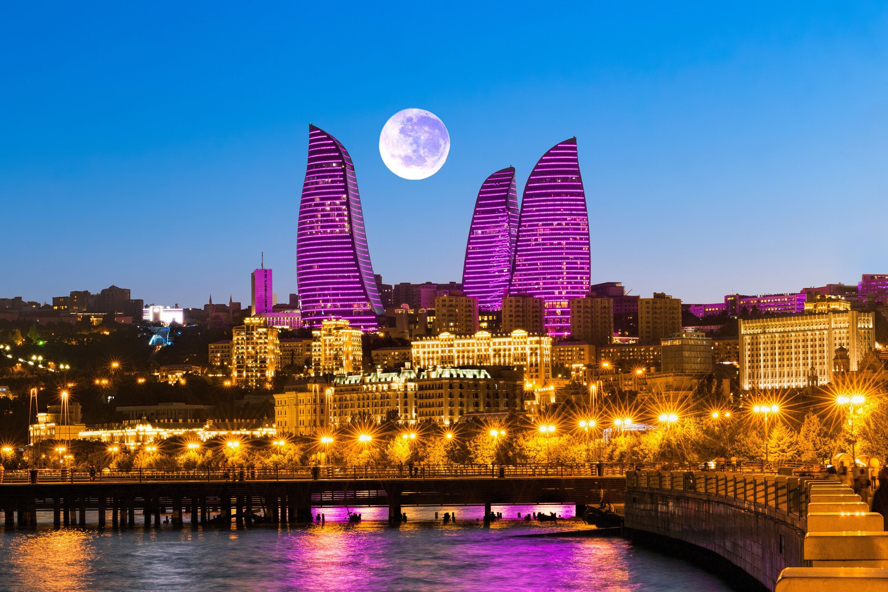 Night view of the skyscrapers in Baku. The Republic of Azerbaijan
