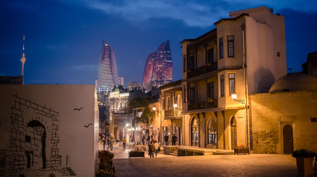 Baku, Azerbaijan - October 18, 2014: Panoramic view of Baku, from the old city looking at Flame Towers at night