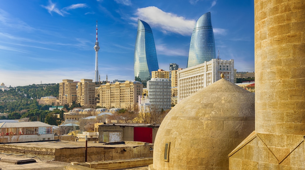 View from old town. Panoramic view of Baku - the capital of Azerbaijan located by the Caspian See shore.