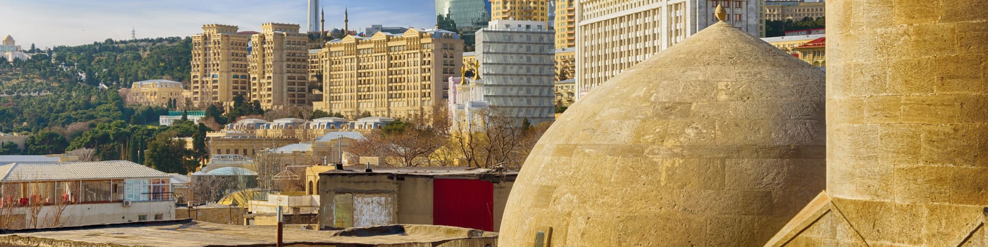 View from old town. Panoramic view of Baku - the capital of Azerbaijan located by the Caspian See shore.