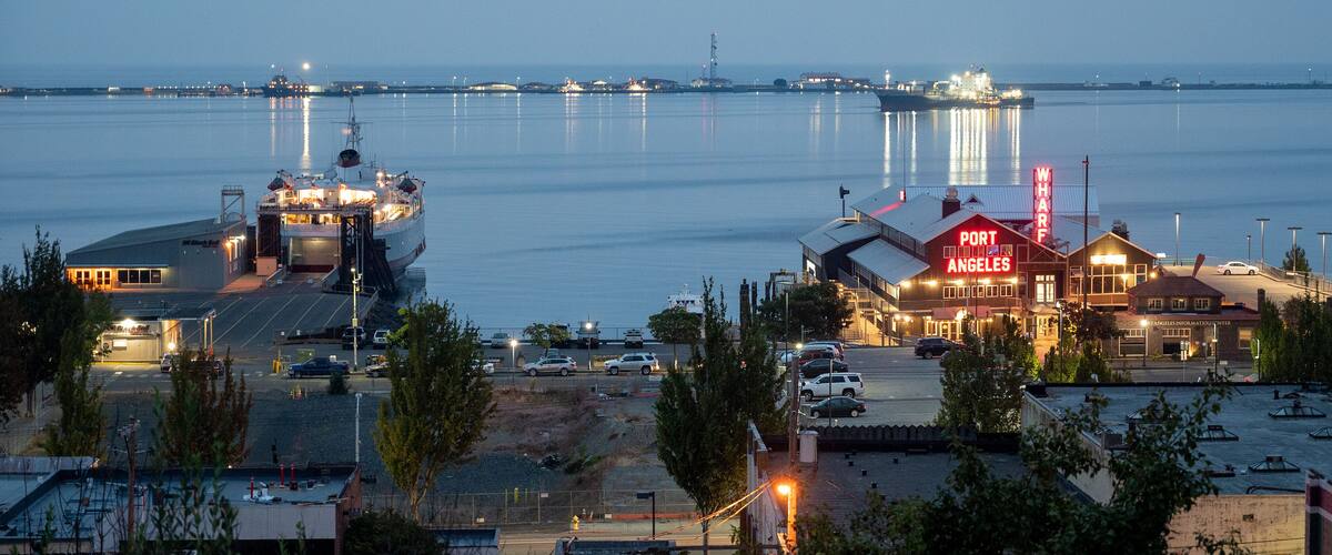 Port Angeles, Washungton Wharf and ferry terminal in early morning light.