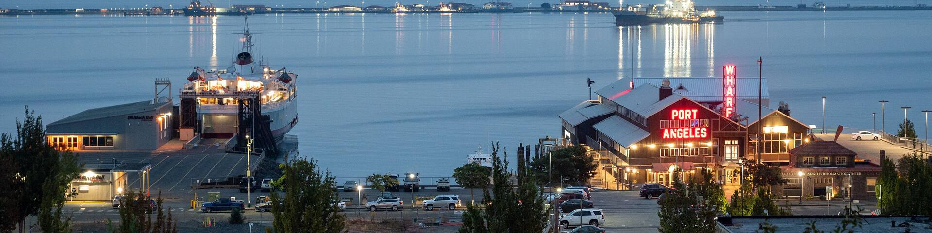 Port Angeles, Washungton Wharf and ferry terminal in early morning light.