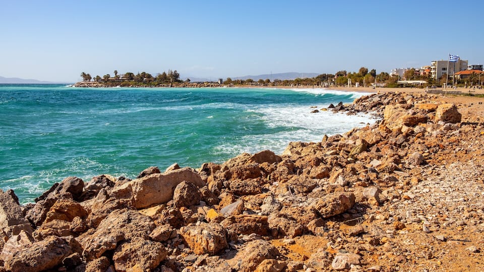 Panoramic view of Piraeus yacht port touristic quarter with Votsalakia and Riviera beach at Saronic Gulf of Aegean sea in broad metropolitan Athens area of Greece