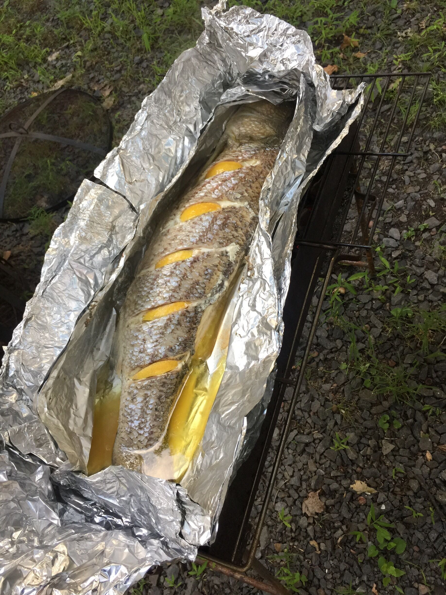 A fish wrapped in aluminum foil on a grill outdoors.