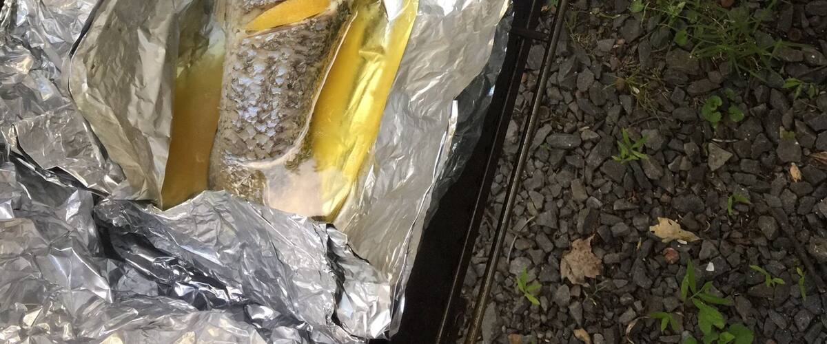 A fish wrapped in aluminum foil on a grill outdoors.