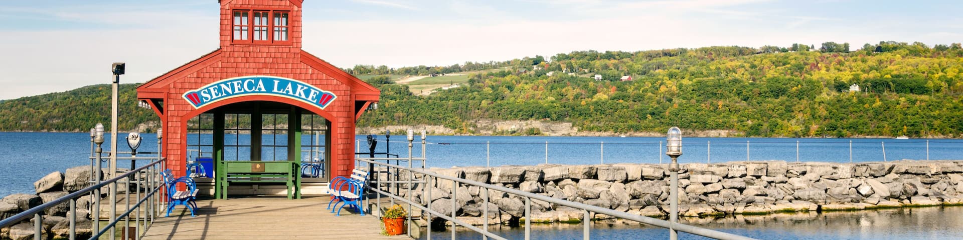 Deserted Pier with a Red Shelter on Seneca Lake, Upstate New York