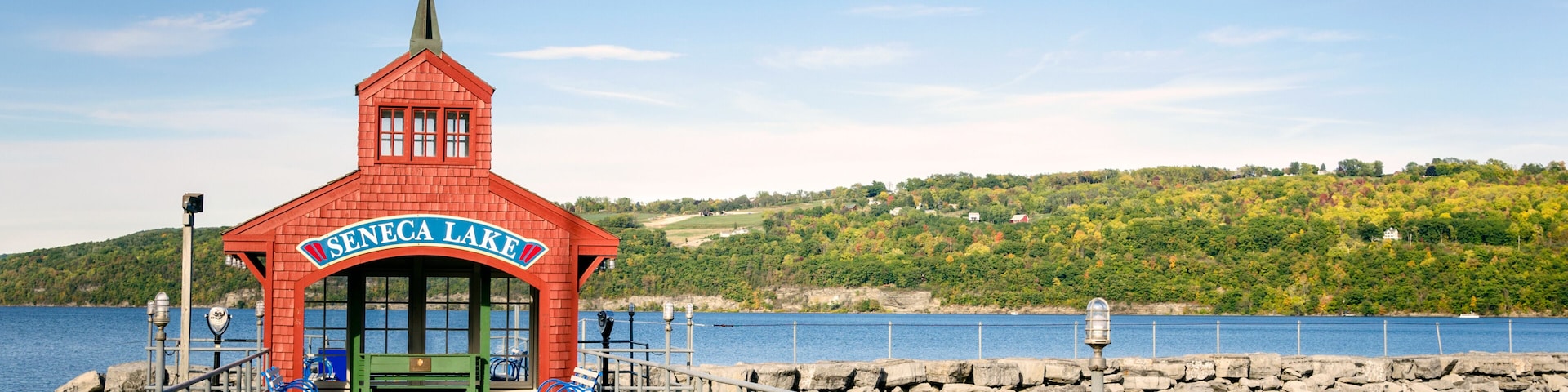 Deserted Pier with a Red Shelter on Seneca Lake, Upstate New York
