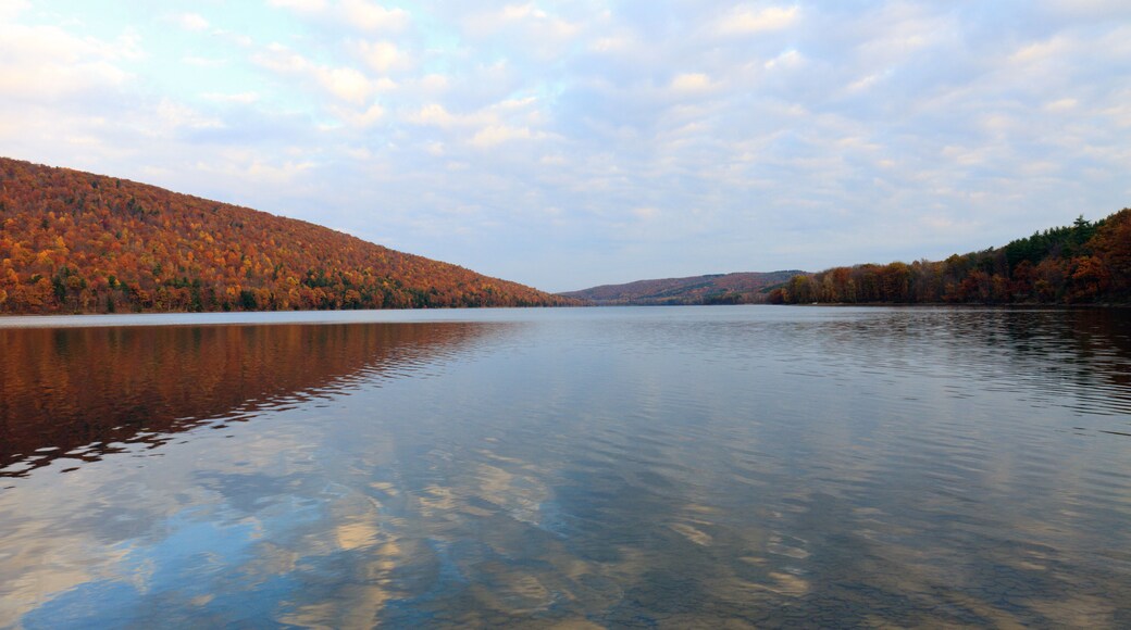 A calm lake with autumn foliage on the surrounding hills.