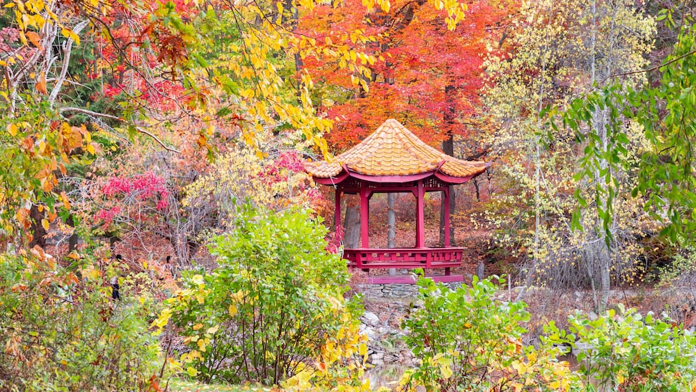 The pagoda at the Chuang Yen Monastery in Putnam County NY is located at the Seven Jewel Lake.