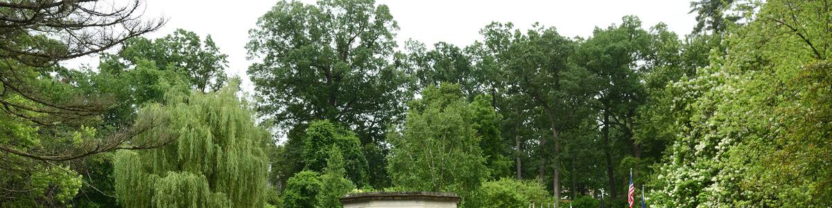 World War Memorial Pavillion on banks of Pond in Congress Park, Saratoga Springs, New York, United States