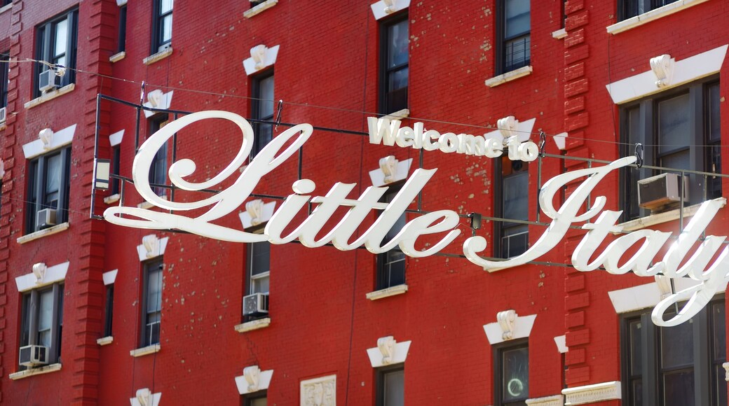 'Welcome to Little Italy' sign in Italian community named Little Italy in downtown Manhattan, New York City.