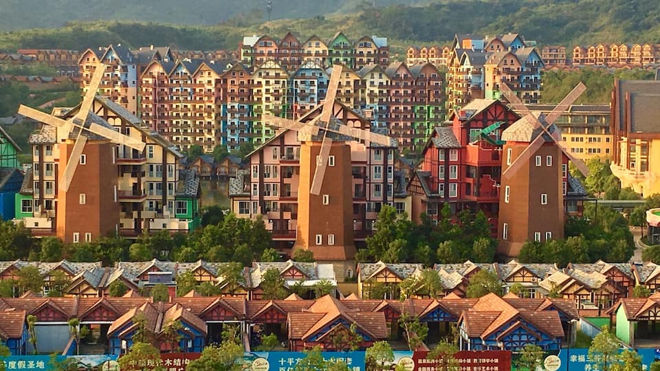 Beautiful Europe styles buildings and wind mills at Heyuan Resort, Guangzhou, China #China #travel #redphoto #landscape #red