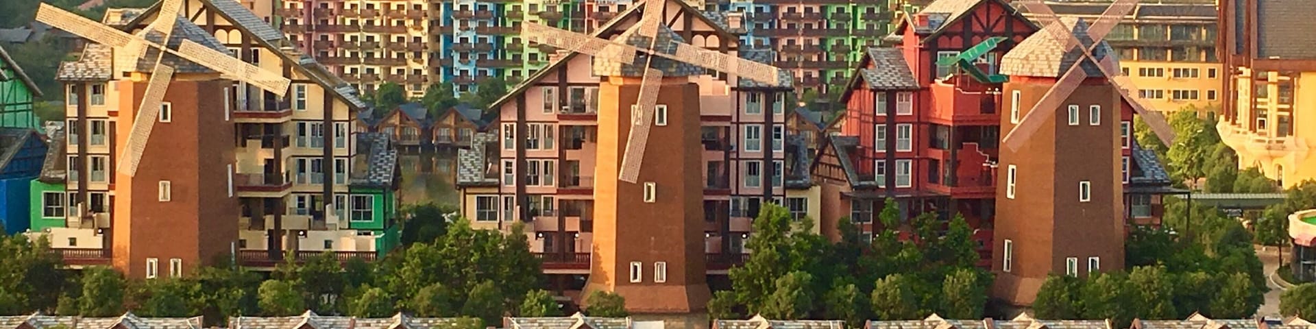Beautiful Europe styles buildings and wind mills at Heyuan Resort, Guangzhou, China #China #travel #redphoto #landscape #red