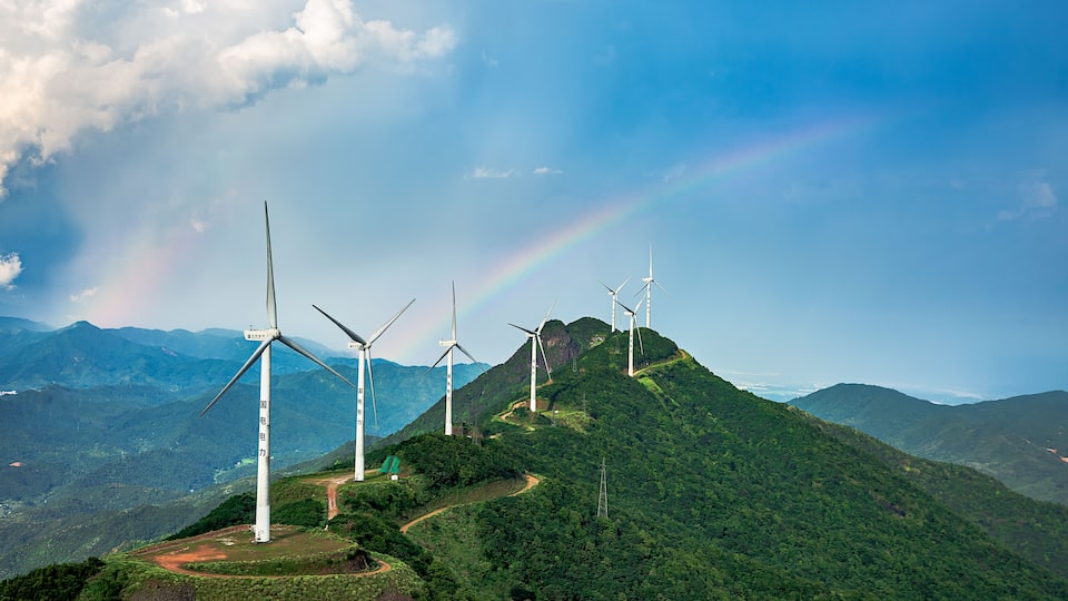 Wind turbine generator set on the top of Queya Mountain, Heyuan City, Guangdong Province, China