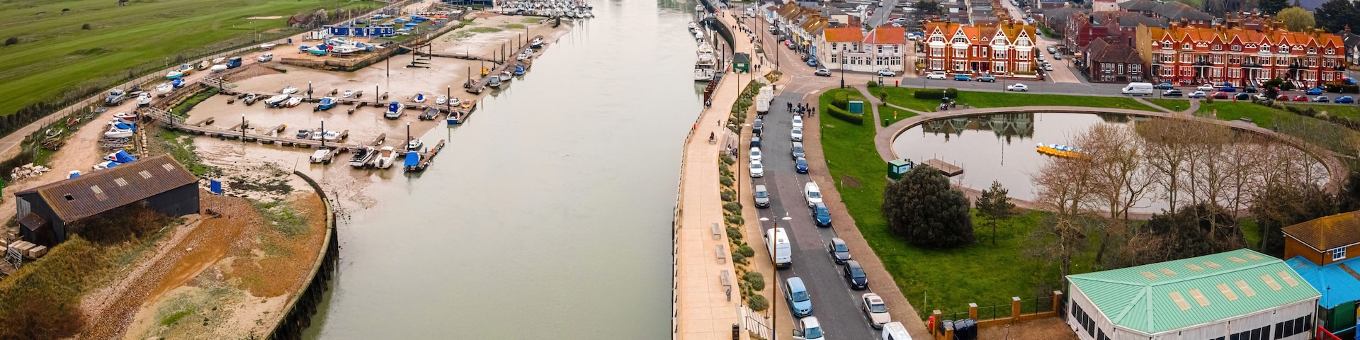 Aerial view of Littlehampton, a seaside resort and pleasure harbour in the Arun District of West Sussex