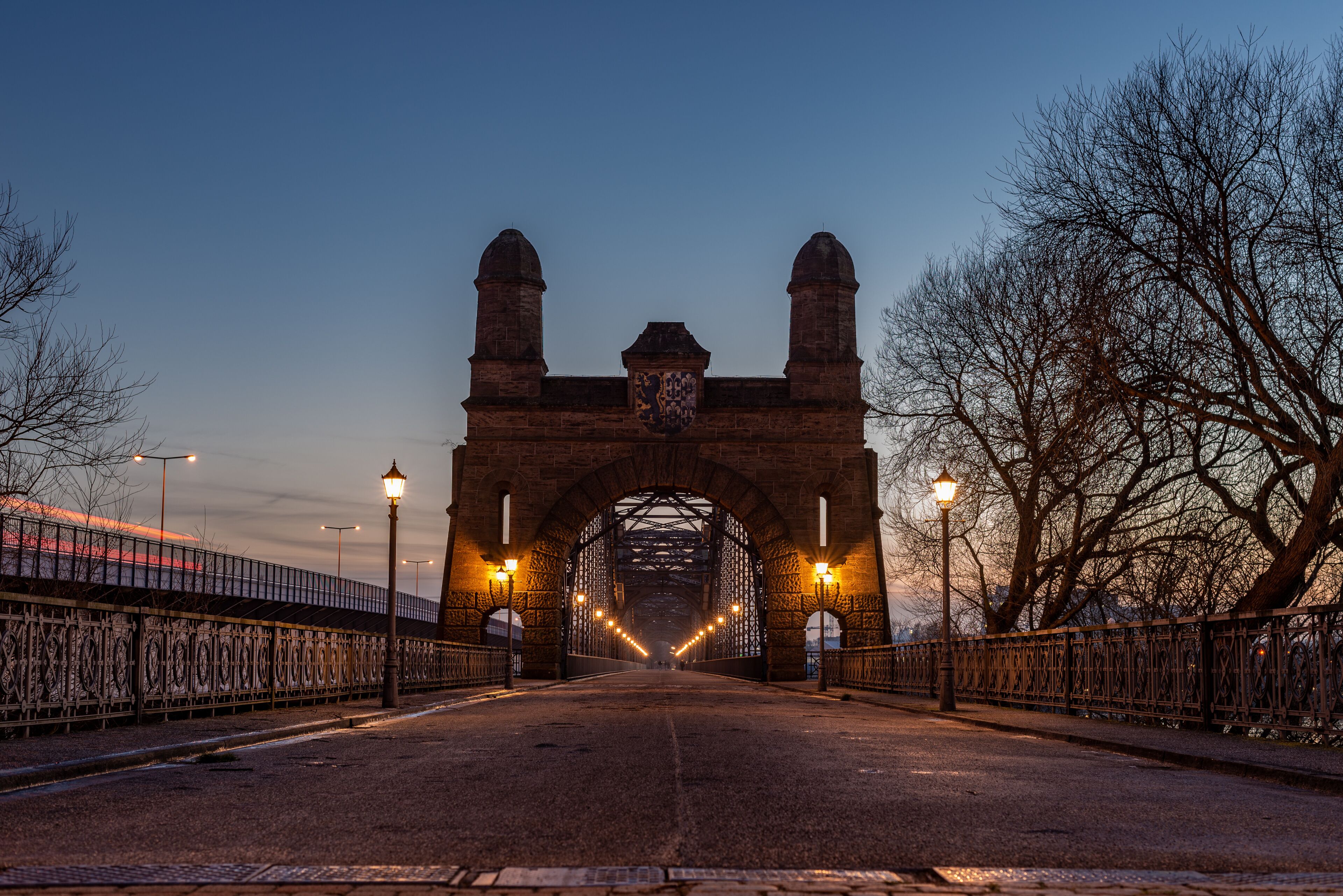Harbor Hamburg Alte Harburger Elbbrücke in winter at the sunset