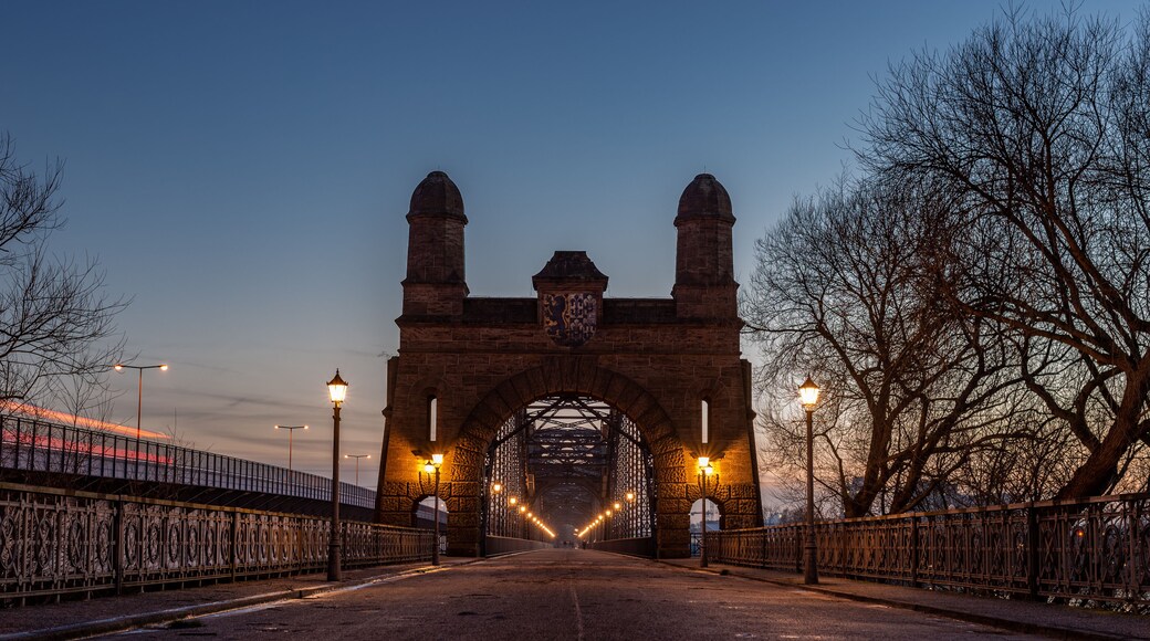 Harbor Hamburg Alte Harburger Elbbrücke in winter at the sunset