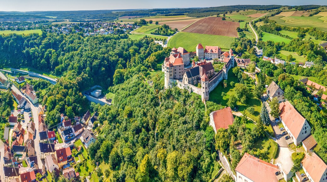 Bavarian City of Harburg from top made with drone during autumn with colored environment