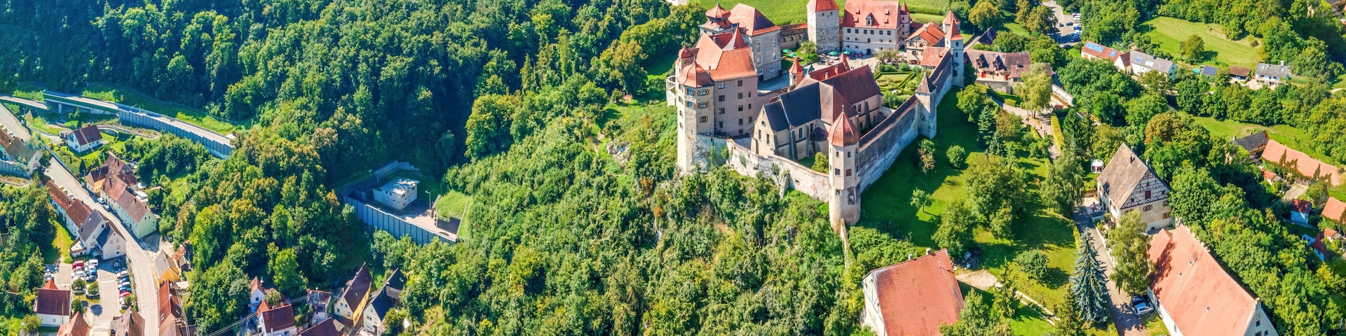 Bavarian City of Harburg from top made with drone during autumn with colored environment