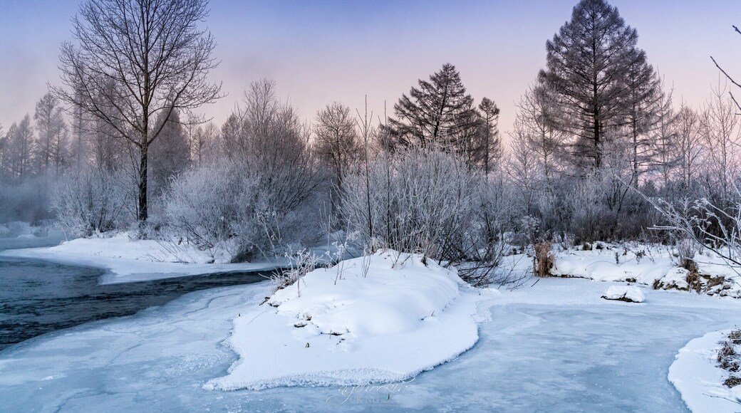 魔界 II 奶头河-东北-Jilin China
每年冬季11月份中旬就开始有雾凇了。当气温到零下20°时这里就会出现雾凇。这里的雾凇和吉林市的雾凇不一样。由于河中那些枯树在日出时分大气蒸腾,树和水若有若无,仿佛把你带到了一个远古的世界 。每到冬季清晨,在东方刚刚现出的那一丝晨曦的映衬下,两岸村落缓缓升起袅袅的炊烟、河水里那些虽死去多年却依然挣扎挺立的树干,在热气腾腾、云雾缭绕的河面上时隐时现、神秘莫测、变化多端,所以影友们称这里为“魔界”。