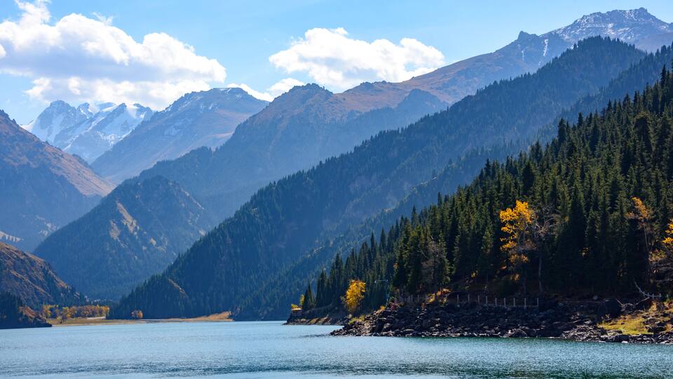 Autumn view of Heavenly Lake or Tianchi of Tianshan in Urumqi, Xinjiang, China