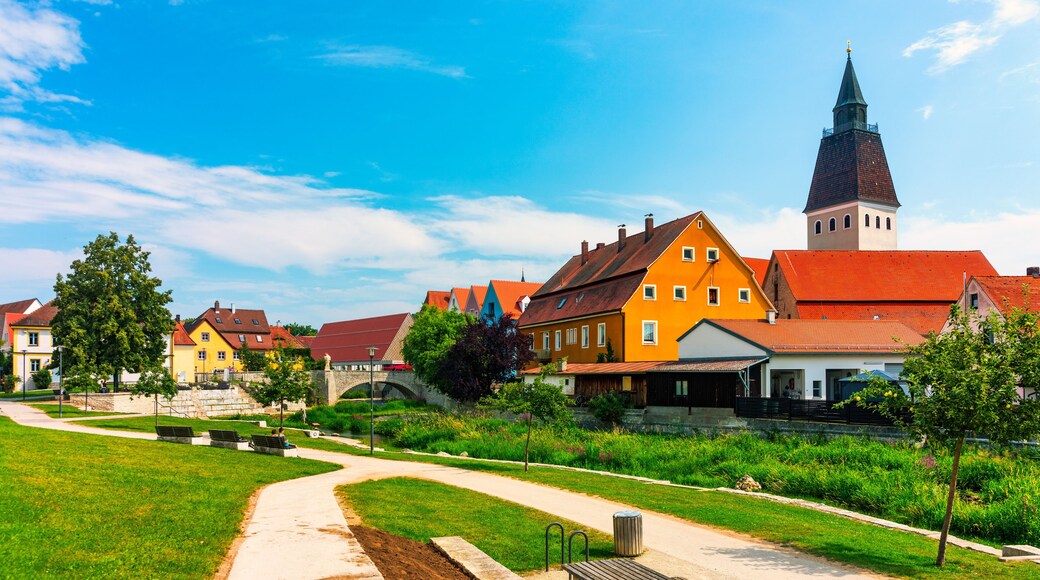 Berching, Bacham is a Bavarian town in the Neumarkt district in the Upper Palatinate. Photographed in summer in the Franconian Alb on the Main Danube Canal and with the Sulz river. Berching, Germany