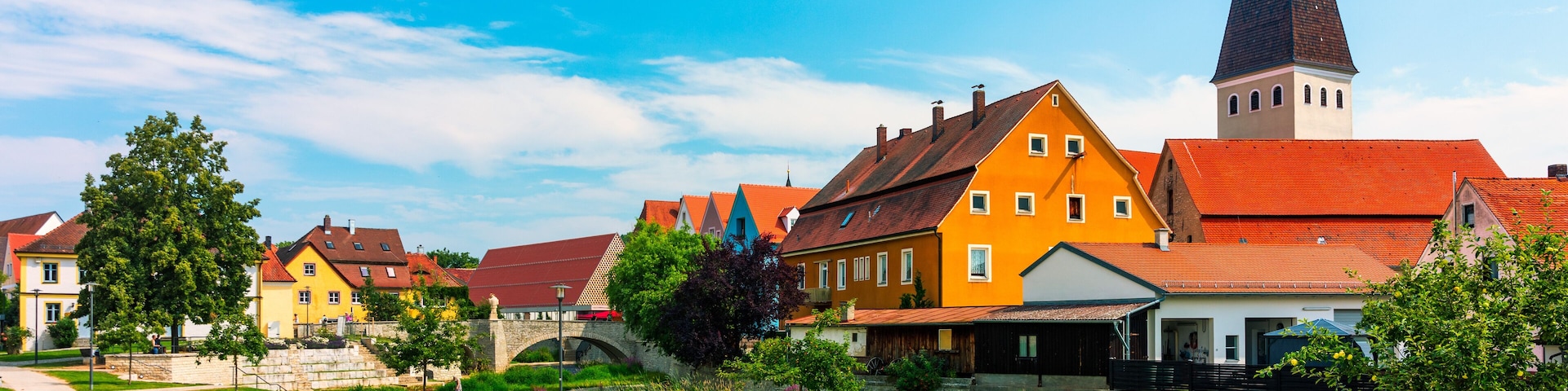 Berching, Bacham is a Bavarian town in the Neumarkt district in the Upper Palatinate. Photographed in summer in the Franconian Alb on the Main Danube Canal and with the Sulz river. Berching, Germany