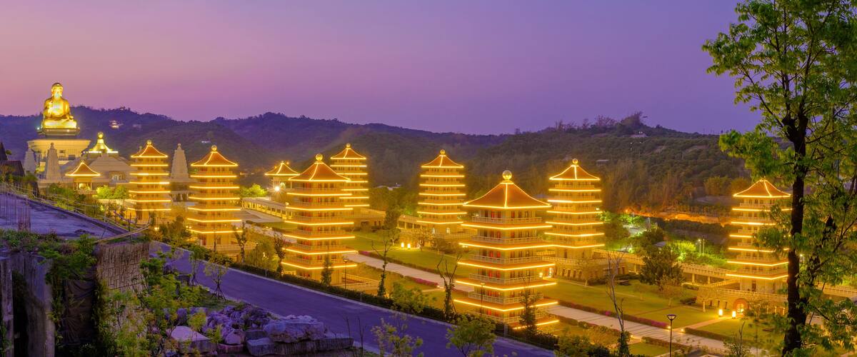 Panoramic view of Fo Guang Shan Buddha Museum illuminated in the evening. Taiwan.