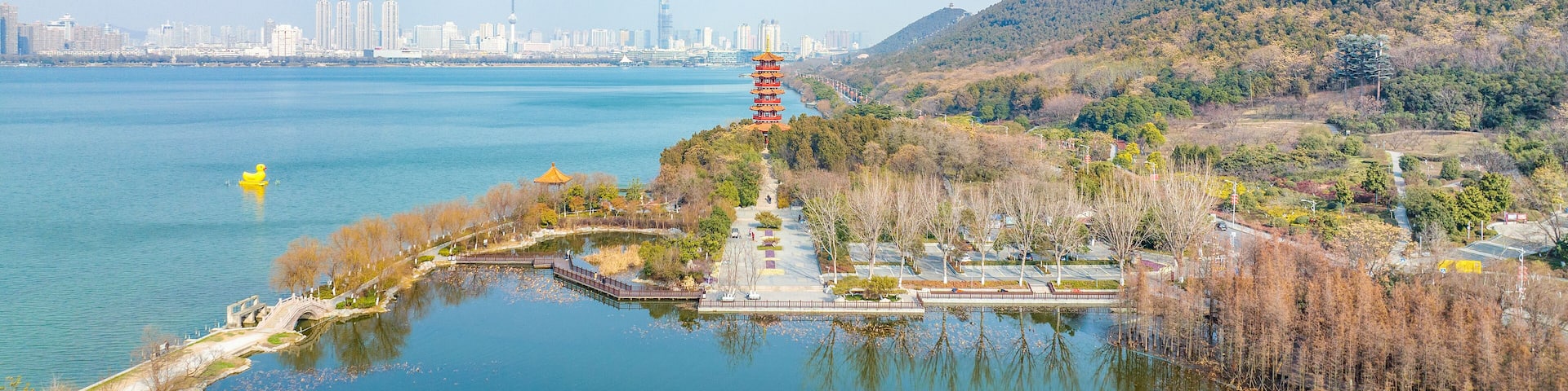 Aerial photography of Sugong Tower Scenic Area, Yunlong Lake, Xuzhou City, Jiangsu Province, China