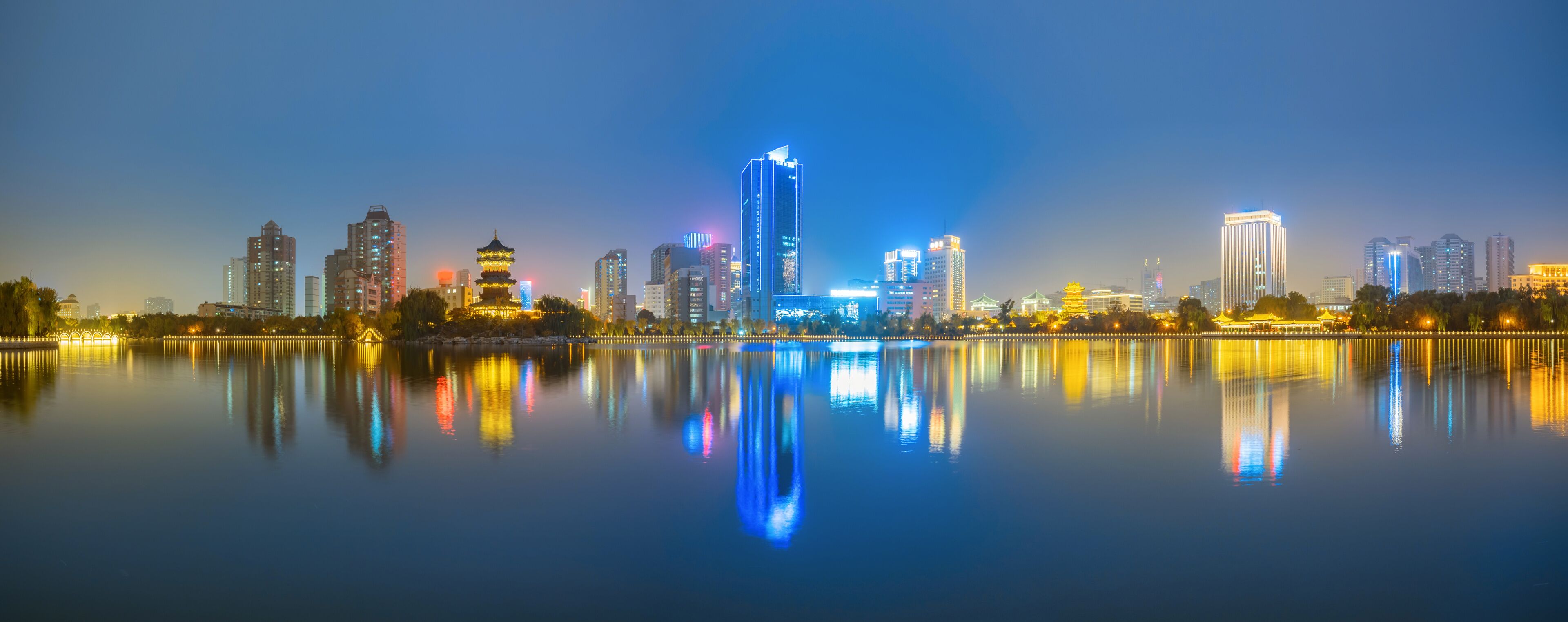 At night, the city skyline is in Taiyuan, Shanxi Province, China