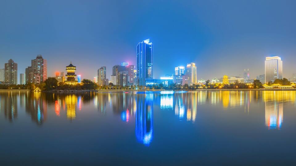 At night, the city skyline is in Taiyuan, Shanxi Province, China
