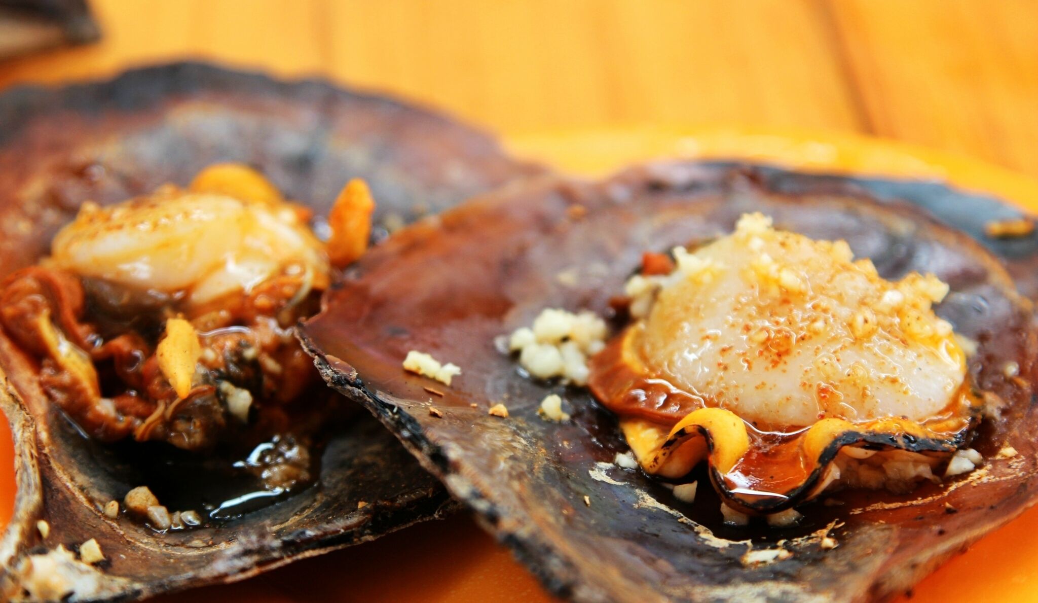 Two oysters with a creamy topping and a sauce.