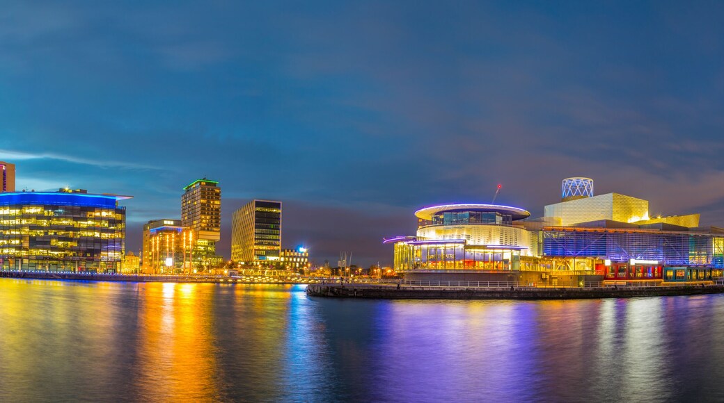 View of the Lowry theater in Manchester during sunset, England