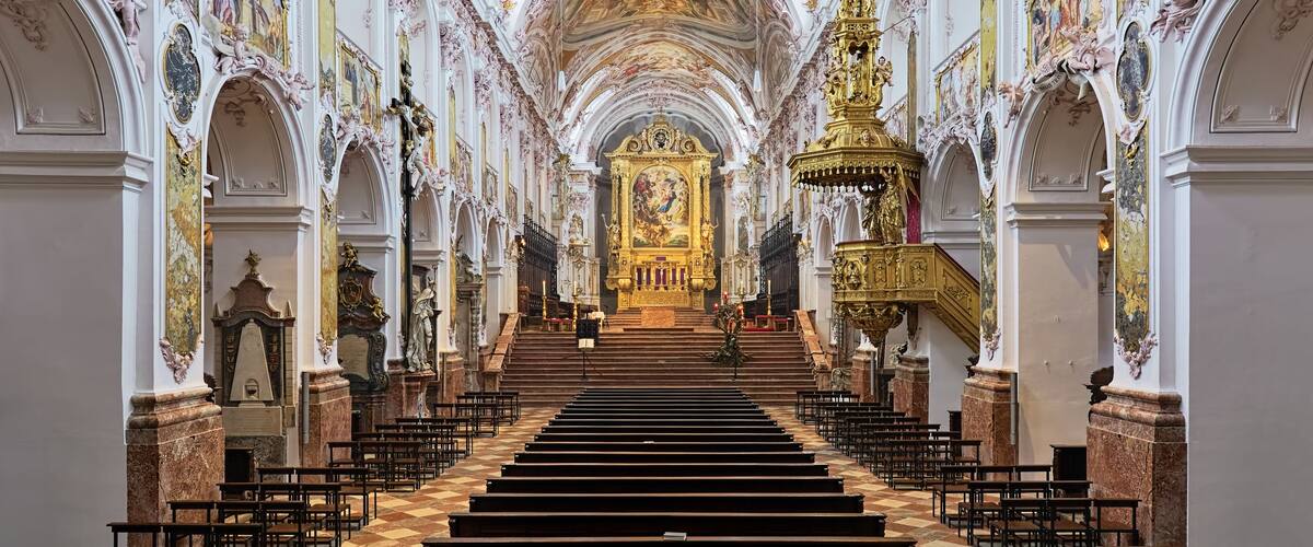 Freising, Germany. Interior of Freising Cathedral (St. Mary and St. Corbinian Co-Cathedral). The church was founded in 1159. The present Rococo interior was created in 1724 by Asam brothers.