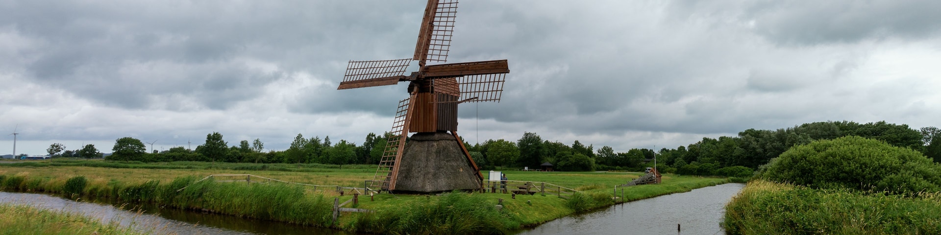 view of the historic wooden scoop mill in Honigfleth in northern Germany