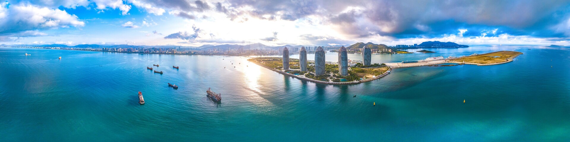 Sanya Bay Sunrise View with the Phoenix Island, an Artificial Archipelago Consisting of Landmark Modern Buildings Forming an Island Resort in Sanya, Hainan, China.