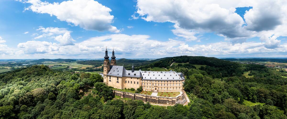 Aerial view of Banz Monastery, former Benedictine monastery, South German Baroque, near Bad Staffelstein, Lichtenfels district, Franconian
, Franconia, Bavaria, Germany,