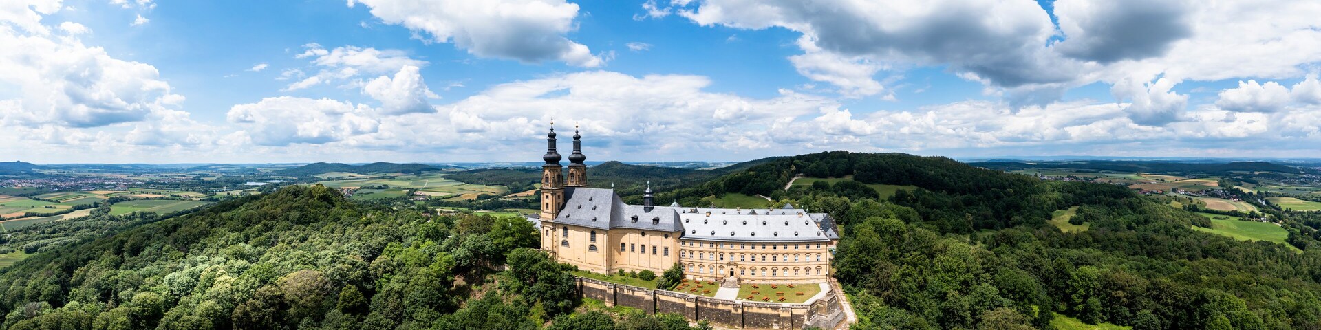 Aerial view of Banz Monastery, former Benedictine monastery, South German Baroque, near Bad Staffelstein, Lichtenfels district, Franconian
, Franconia, Bavaria, Germany,