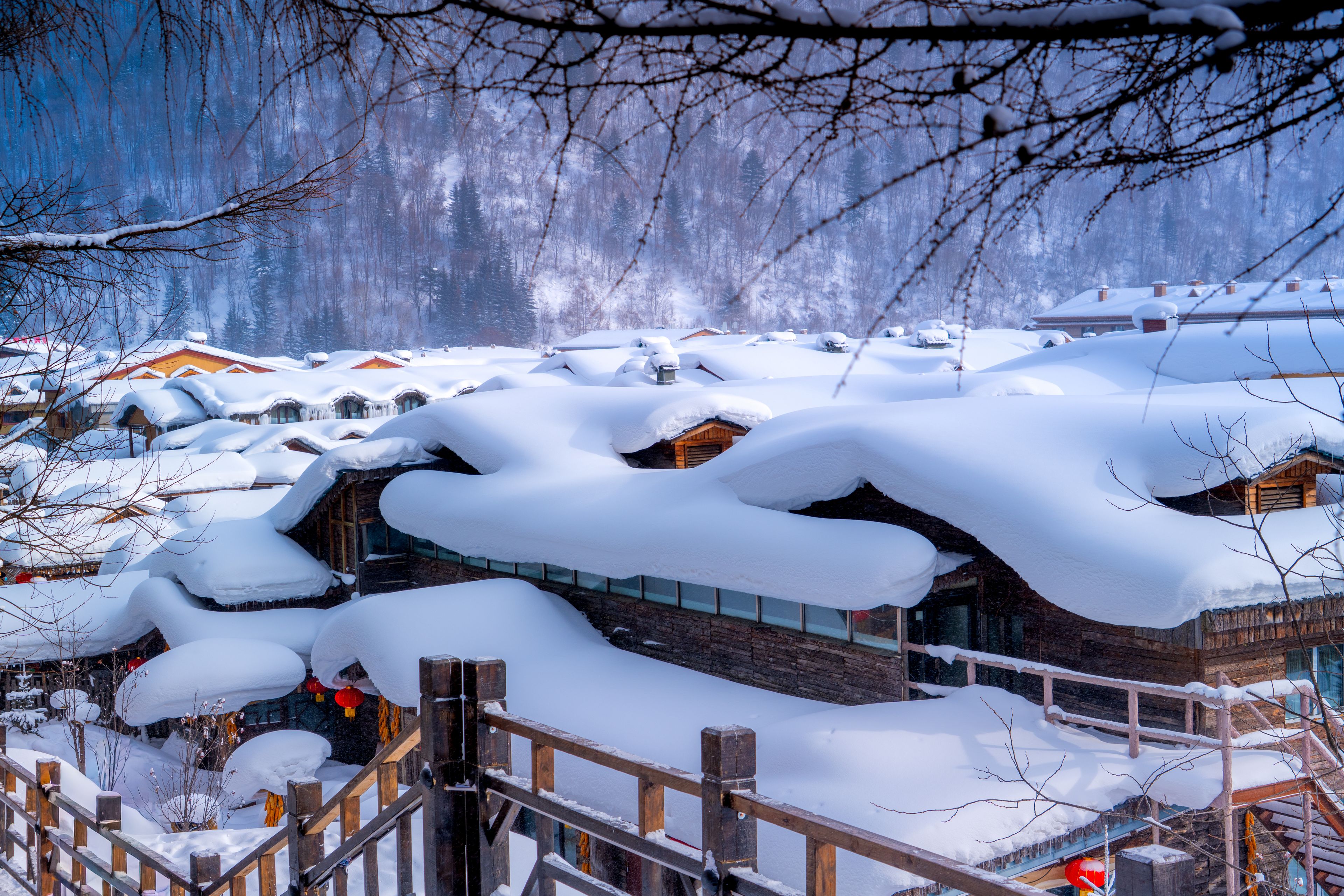 The picturesque scene of China Snow Town, one of the most emblematic snow related touristic attractions in China, located in Xuexiang National Forest Park, Hailin, Heilongjiang, China