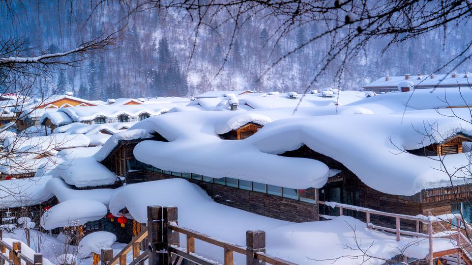 The picturesque scene of China Snow Town, one of the most emblematic snow related touristic attractions in China, located in Xuexiang National Forest Park, Hailin, Heilongjiang, China